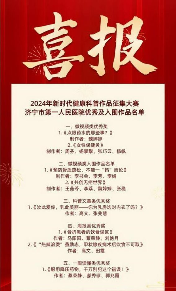 济宁市第一人民医院荣获2024年全国新时代健康科普作品征集大